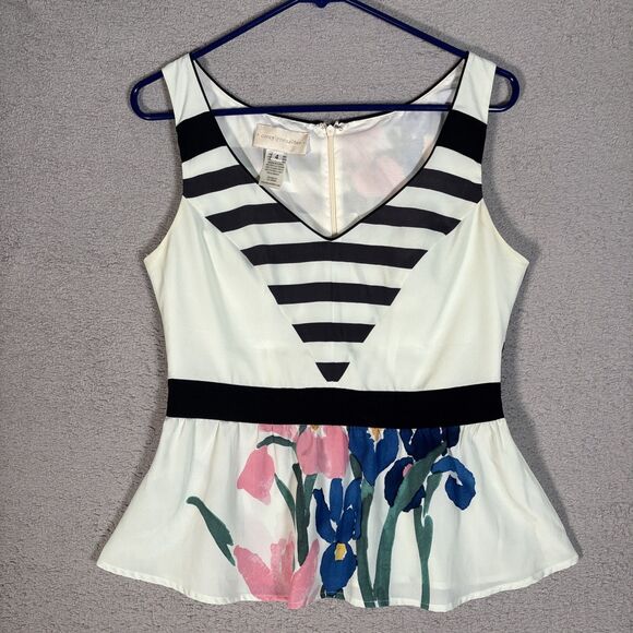 Anthro Corey Lynn Calter Women’s Size 4 Tank‎ Top Peplum Blouse Floral Striped - Picture 1 of 11